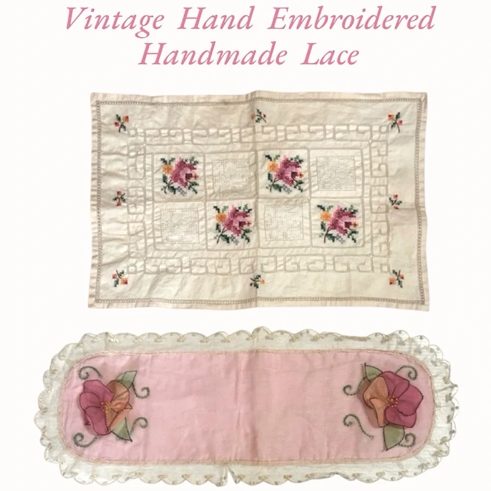 Vintage Embroidered Doily Hand Embroidery Hand Crafted Antique Lace Linen Floral